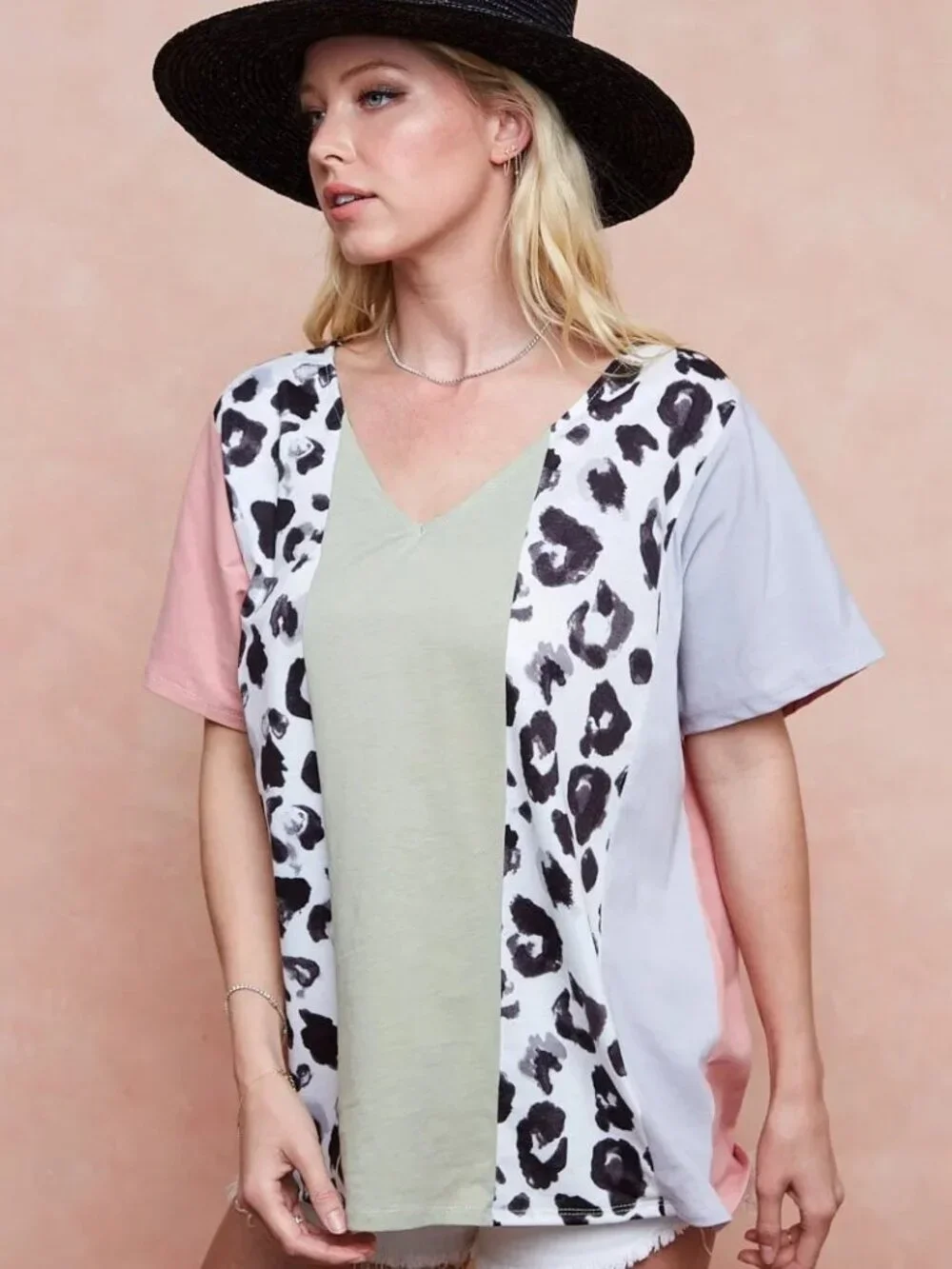 BiBi Cotton Span Knit With Leopard Color Block Top